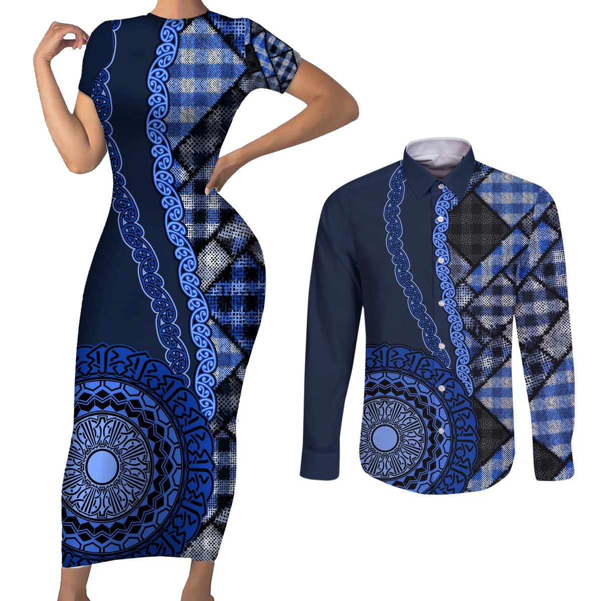New Zealand Aotearoa Couples Matching Short Sleeve Bodycon Dress and Long Sleeve Button Shirt Maori Harakeke Weaving Pattern Blue LT05 Blue - Polynesian Pride