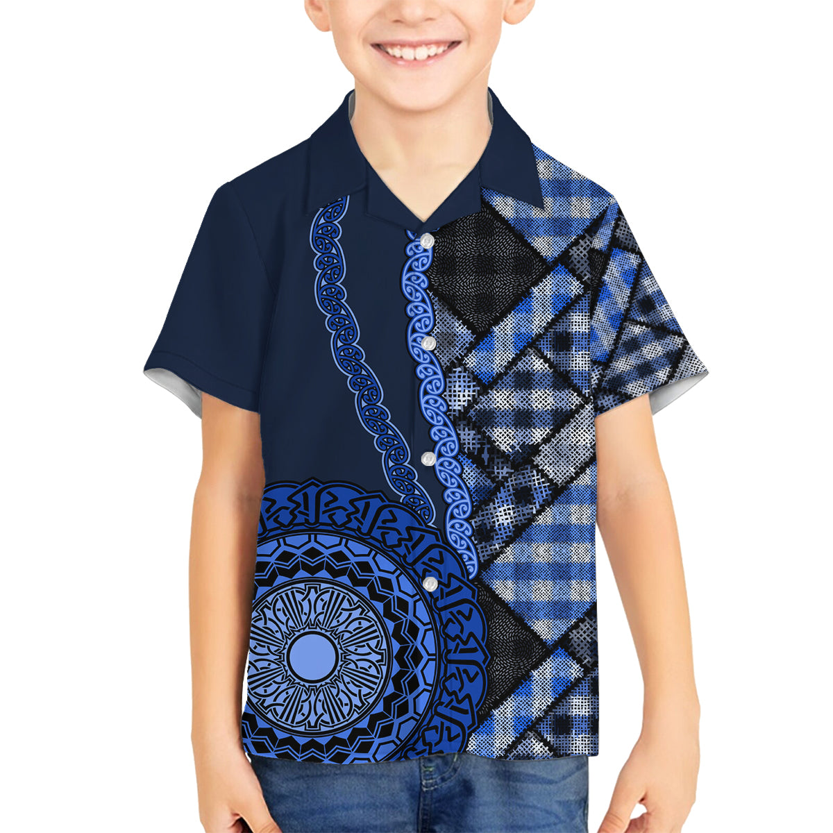 New Zealand Aotearoa Family Matching Long Sleeve Bodycon Dress and Hawaiian Shirt Maori Harakeke Weaving Pattern Blue LT05 Son's Shirt Blue - Polynesian Pride