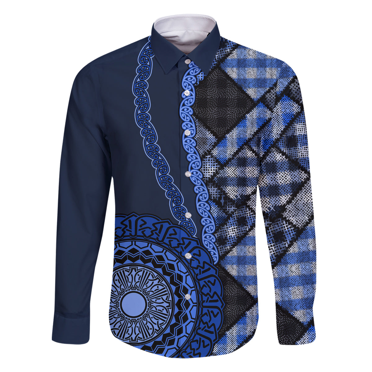 New Zealand Aotearoa Family Matching Off Shoulder Maxi Dress and Hawaiian Shirt Maori Harakeke Weaving Pattern Blue LT05 Dad's Shirt - Long Sleeve Blue - Polynesian Pride