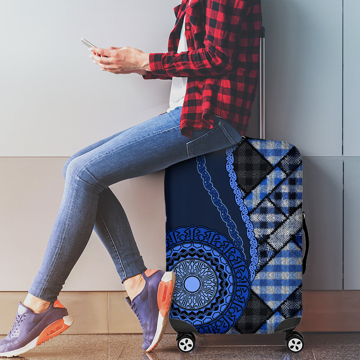 New Zealand Aotearoa Luggage Cover Maori Harakeke Weaving Pattern Blue LT05 - Polynesian Pride