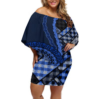 New Zealand Aotearoa Off Shoulder Short Dress Maori Harakeke Weaving Pattern Blue LT05 Women Blue - Polynesian Pride