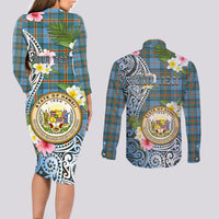 Personalised Hawaii State Couples Matching Long Sleeve Bodycon Dress and Long Sleeve Button Shirt Tropical Flowers With Tartan Pattern LT05 - Polynesian Pride