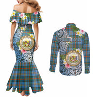 Personalised Hawaii State Couples Matching Mermaid Dress and Long Sleeve Button Shirt Tropical Flowers With Tartan Pattern LT05 - Polynesian Pride