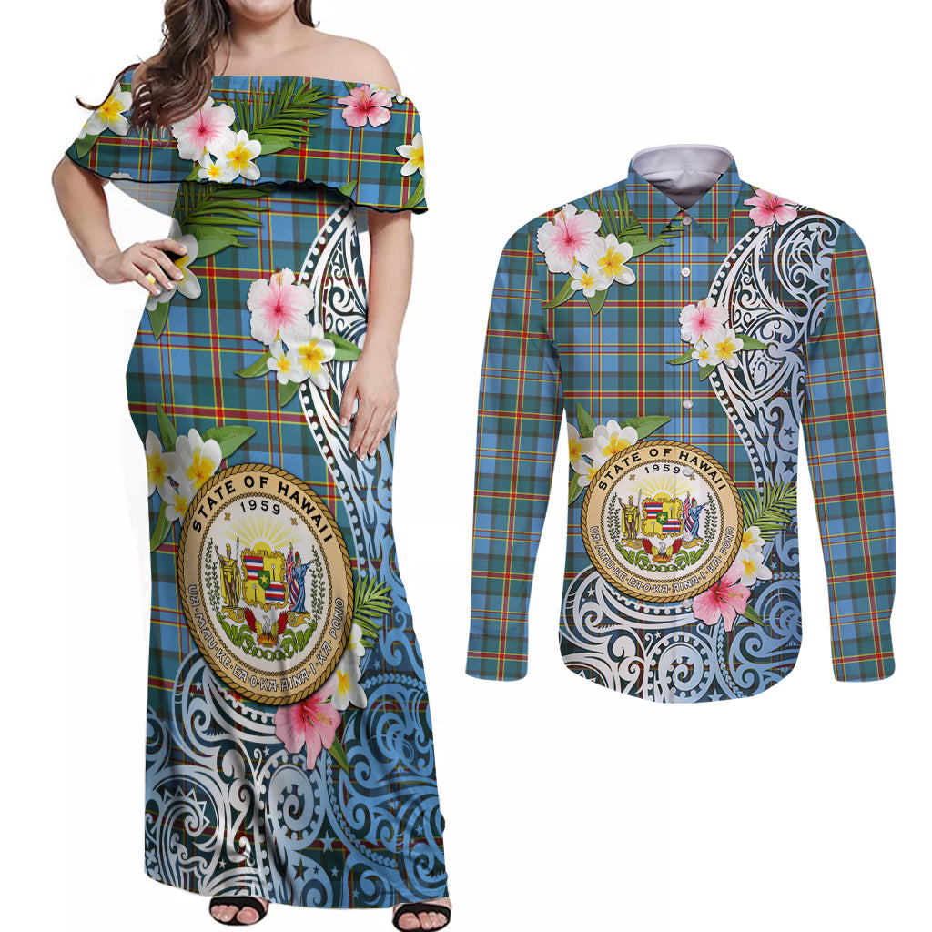 Personalised Hawaii State Couples Matching Off Shoulder Maxi Dress and Long Sleeve Button Shirt Tropical Flowers With Tartan Pattern LT05 Blue - Polynesian Pride