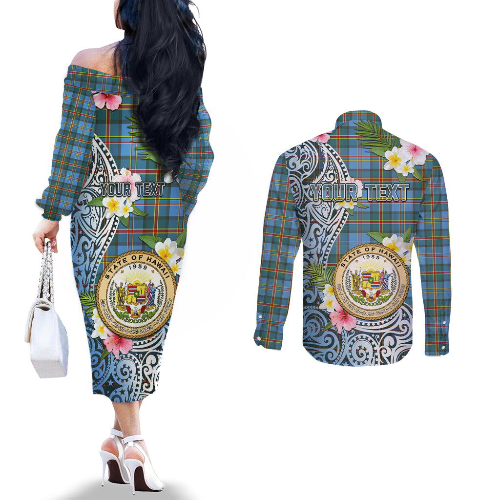 Personalised Hawaii State Couples Matching Off The Shoulder Long Sleeve Dress and Long Sleeve Button Shirt Tropical Flowers With Tartan Pattern LT05 - Polynesian Pride