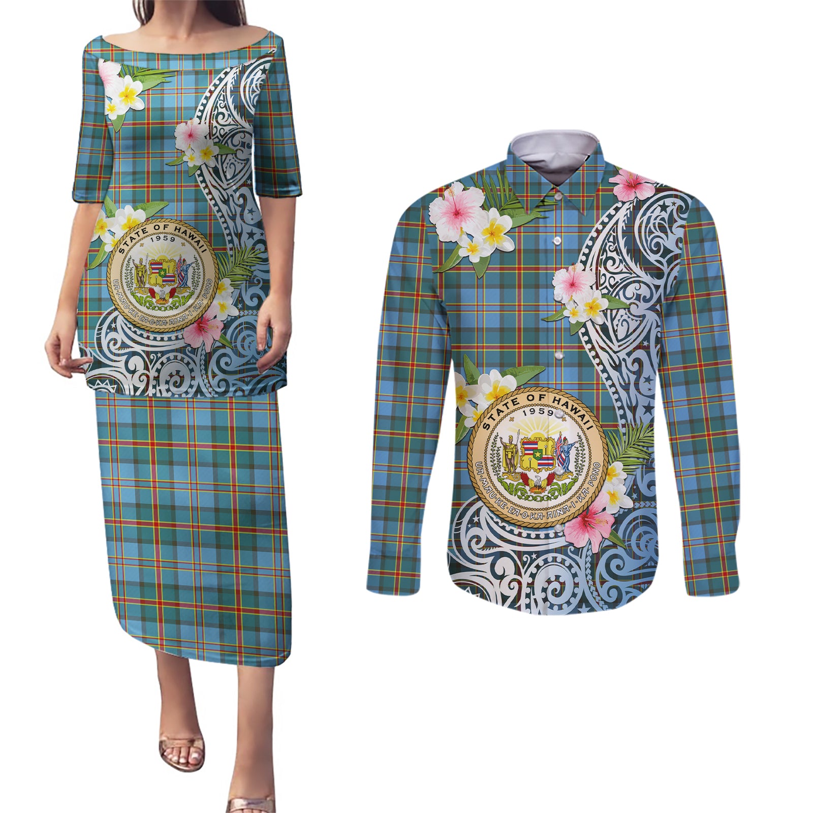 Personalised Hawaii State Couples Matching Puletasi Dress and Long Sleeve Button Shirt Tropical Flowers With Tartan Pattern LT05 Blue - Polynesian Pride