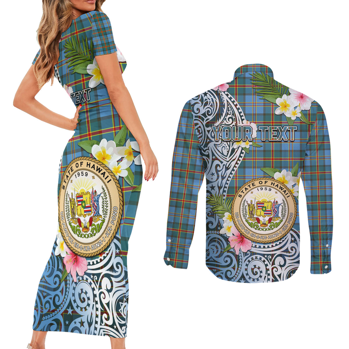 Personalised Hawaii State Couples Matching Short Sleeve Bodycon Dress and Long Sleeve Button Shirt Tropical Flowers With Tartan Pattern LT05 - Polynesian Pride