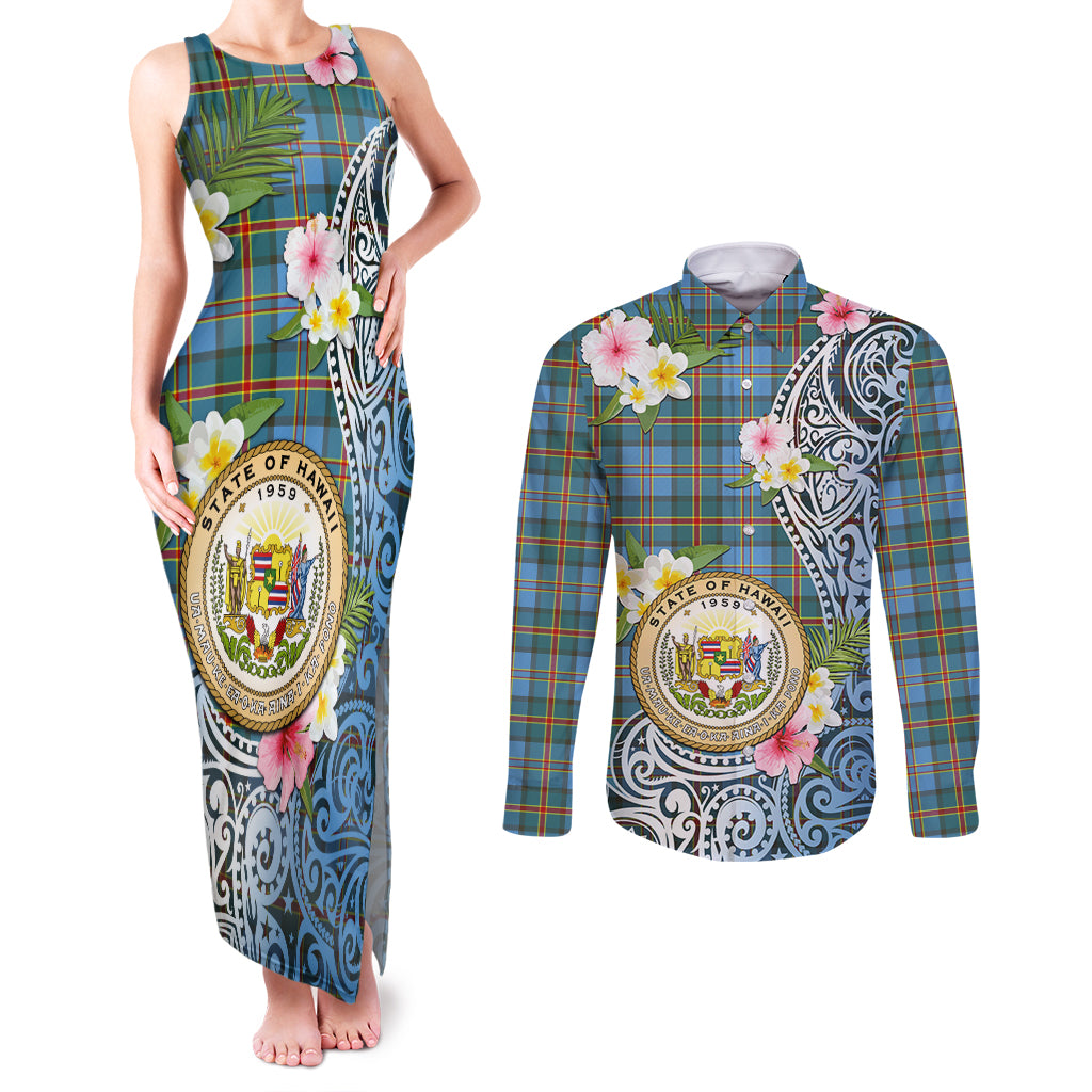 Personalised Hawaii State Couples Matching Tank Maxi Dress and Long Sleeve Button Shirt Tropical Flowers With Tartan Pattern LT05 Blue - Polynesian Pride