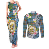 Personalised Hawaii State Couples Matching Tank Maxi Dress and Long Sleeve Button Shirt Tropical Flowers With Tartan Pattern LT05 Blue - Polynesian Pride