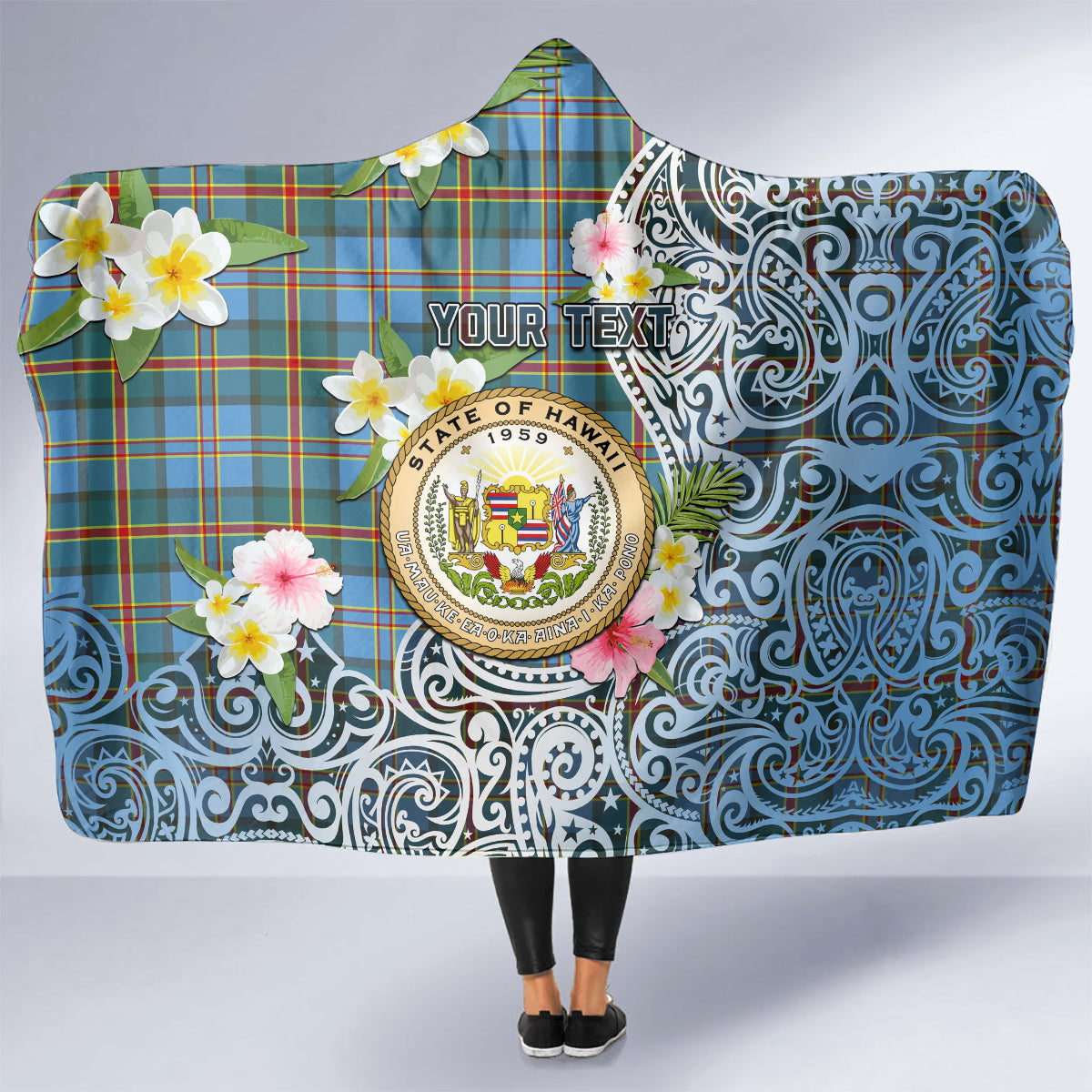 Hawaii State Hooded Blanket Tropical Flowers With Tartan Pattern LT05 - Polynesian Pride