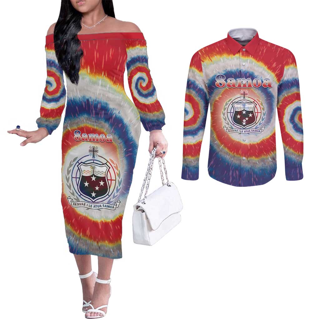 Samoa Couples Matching Off The Shoulder Long Sleeve Dress and Long Sleeve Button Shirt Tie Dye Unique Style LT05 Colorful - Polynesian Pride