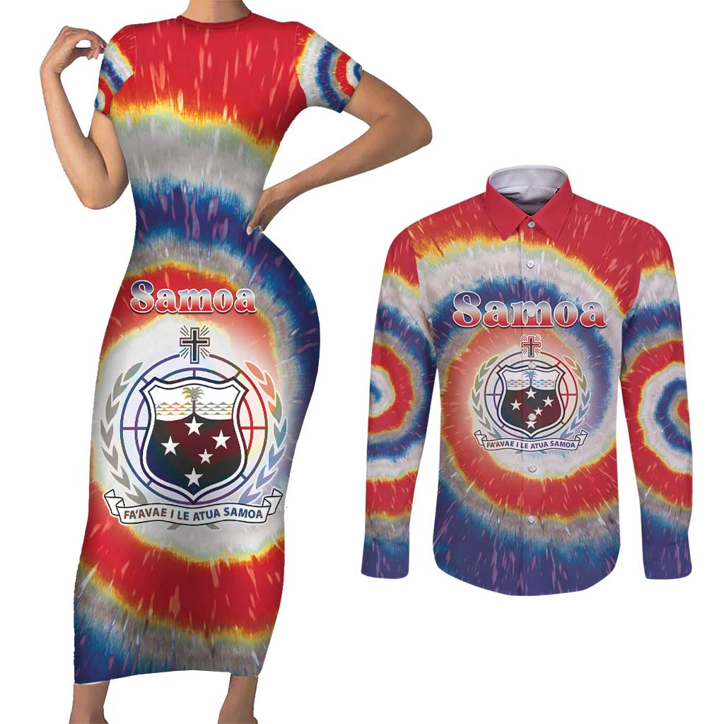 Samoa Couples Matching Short Sleeve Bodycon Dress and Long Sleeve Button Shirt Tie Dye Unique Style LT05 Colorful - Polynesian Pride
