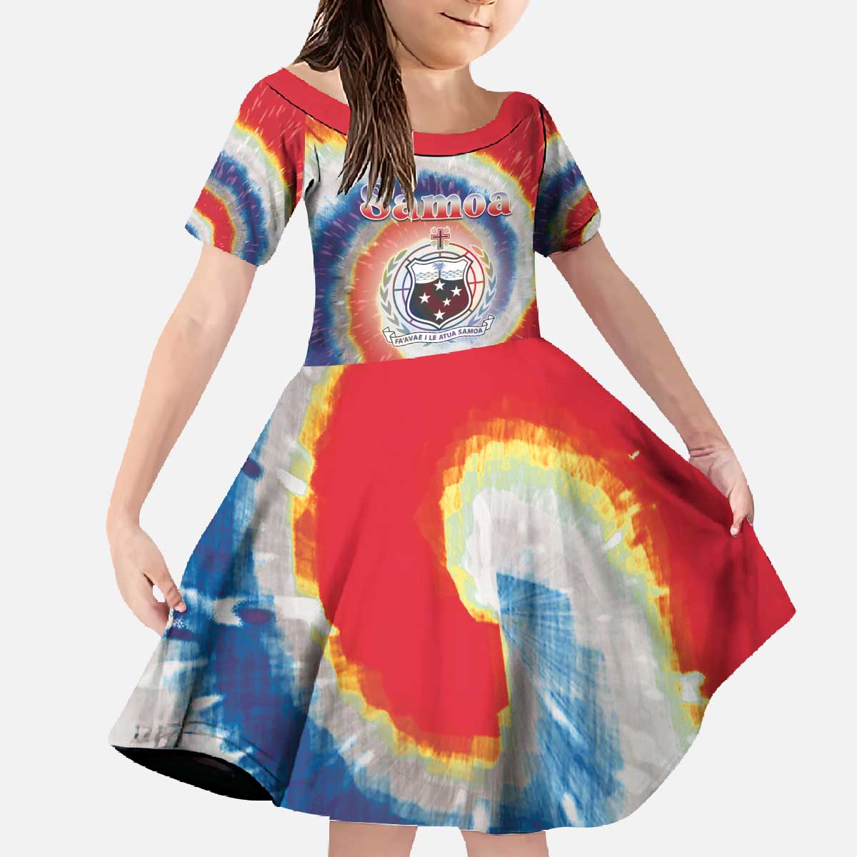 Samoa Family Matching Off The Shoulder Long Sleeve Dress and Hawaiian Shirt Tie Dye Unique Style LT05 Daughter's Dress Colorful - Polynesian Pride