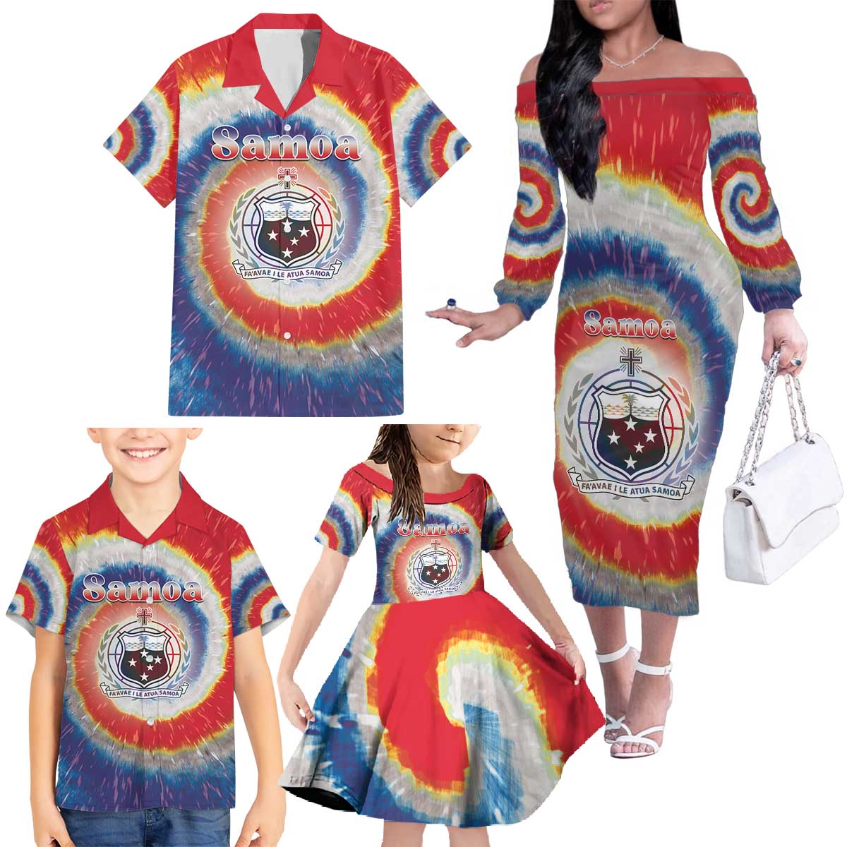 Samoa Family Matching Off The Shoulder Long Sleeve Dress and Hawaiian Shirt Tie Dye Unique Style LT05 - Polynesian Pride