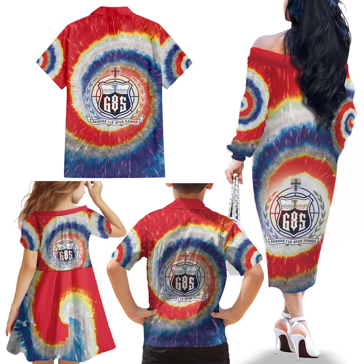 Samoa Family Matching Off The Shoulder Long Sleeve Dress and Hawaiian Shirt Tie Dye Unique Style LT05 - Polynesian Pride