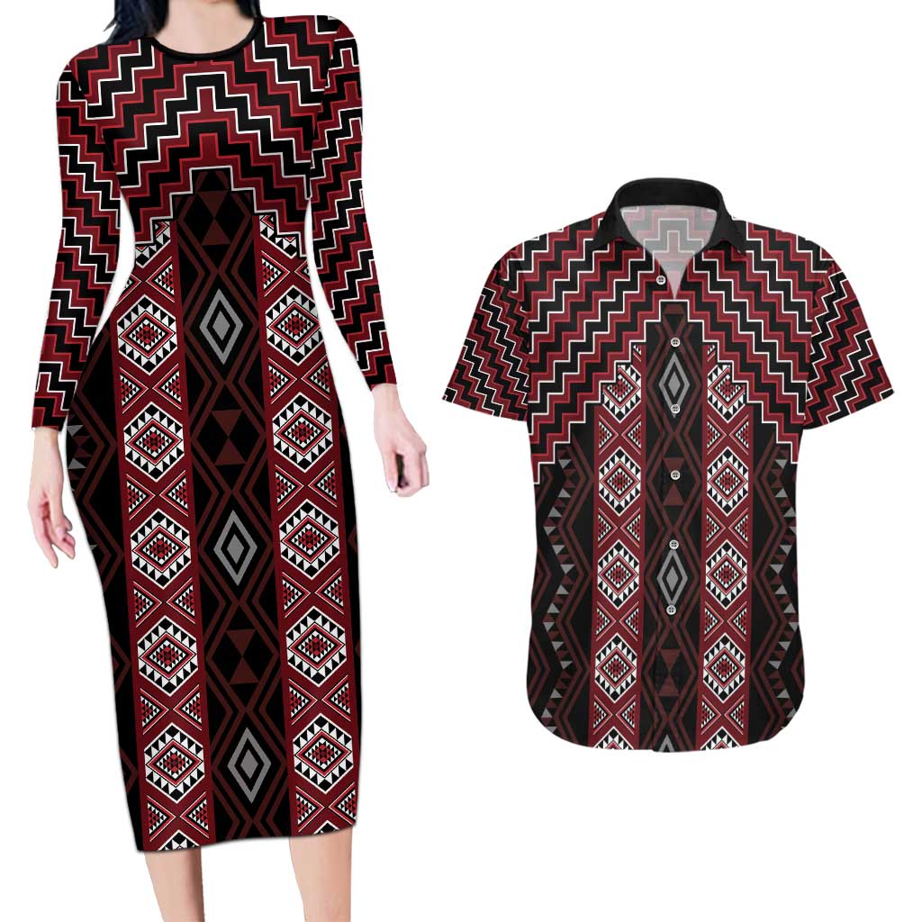 New Zealand Aotearoa Couples Matching Long Sleeve Bodycon Dress and Hawaiian Shirt Red Poutama With Taniko Pattern LT05 Red - Polynesian Pride