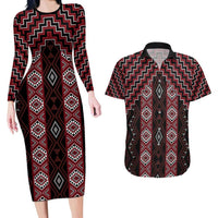 New Zealand Aotearoa Couples Matching Long Sleeve Bodycon Dress and Hawaiian Shirt Red Poutama With Taniko Pattern LT05 Red - Polynesian Pride
