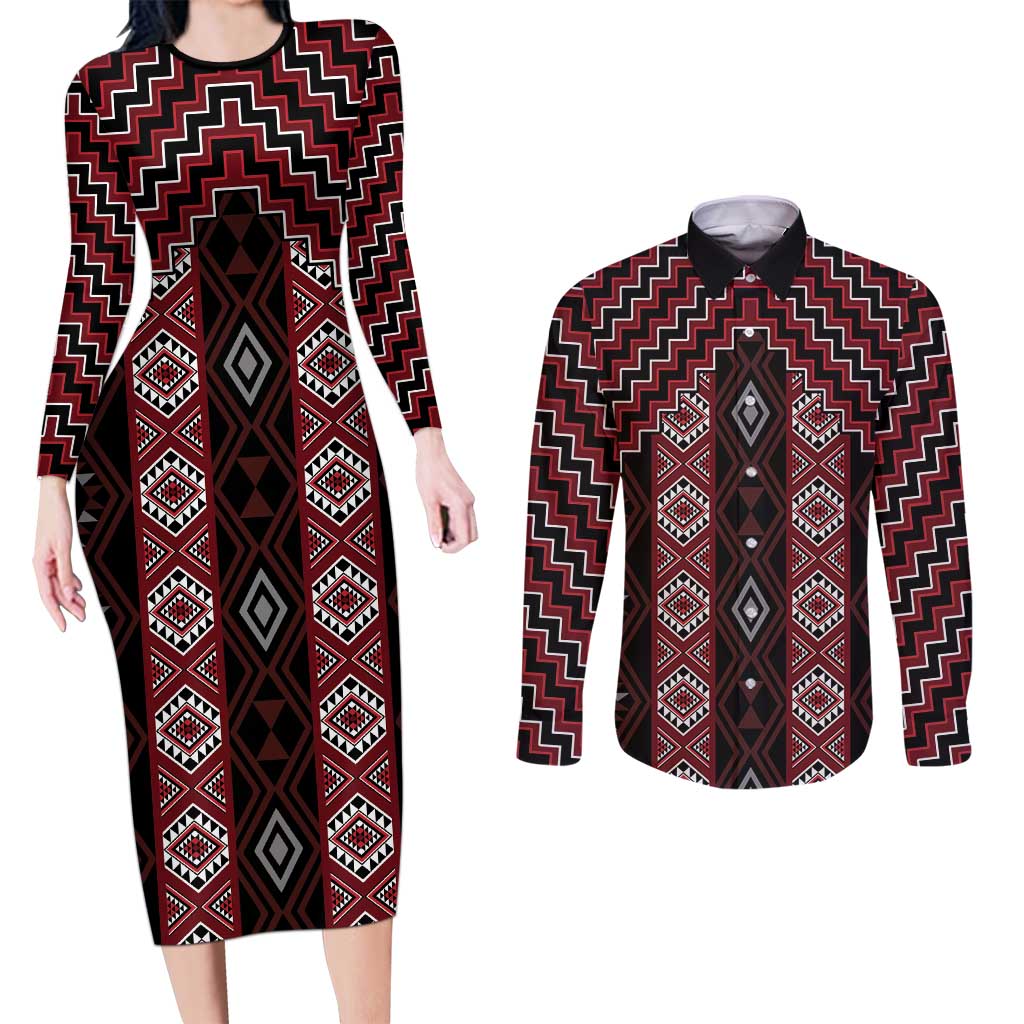 New Zealand Aotearoa Couples Matching Long Sleeve Bodycon Dress and Long Sleeve Button Shirt Red Poutama With Taniko Pattern LT05 Red - Polynesian Pride