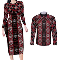 New Zealand Aotearoa Couples Matching Long Sleeve Bodycon Dress and Long Sleeve Button Shirt Red Poutama With Taniko Pattern LT05 Red - Polynesian Pride