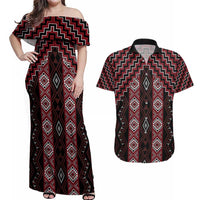 New Zealand Aotearoa Couples Matching Off Shoulder Maxi Dress and Hawaiian Shirt Red Poutama With Taniko Pattern LT05 Red - Polynesian Pride