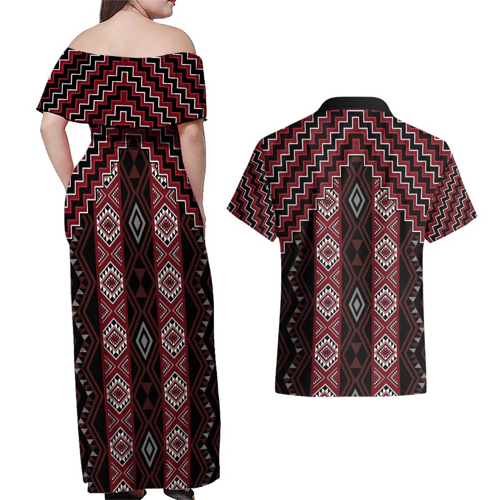 New Zealand Aotearoa Couples Matching Off Shoulder Maxi Dress and Hawaiian Shirt Red Poutama With Taniko Pattern LT05 - Polynesian Pride
