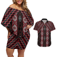 New Zealand Aotearoa Couples Matching Off Shoulder Short Dress and Hawaiian Shirt Red Poutama With Taniko Pattern LT05 Red - Polynesian Pride