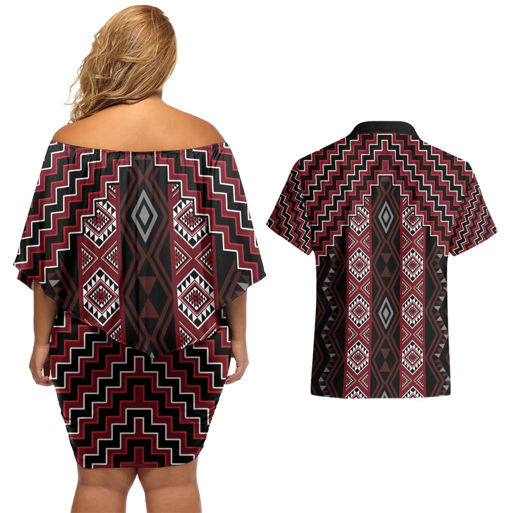 New Zealand Aotearoa Couples Matching Off Shoulder Short Dress and Hawaiian Shirt Red Poutama With Taniko Pattern LT05 - Polynesian Pride