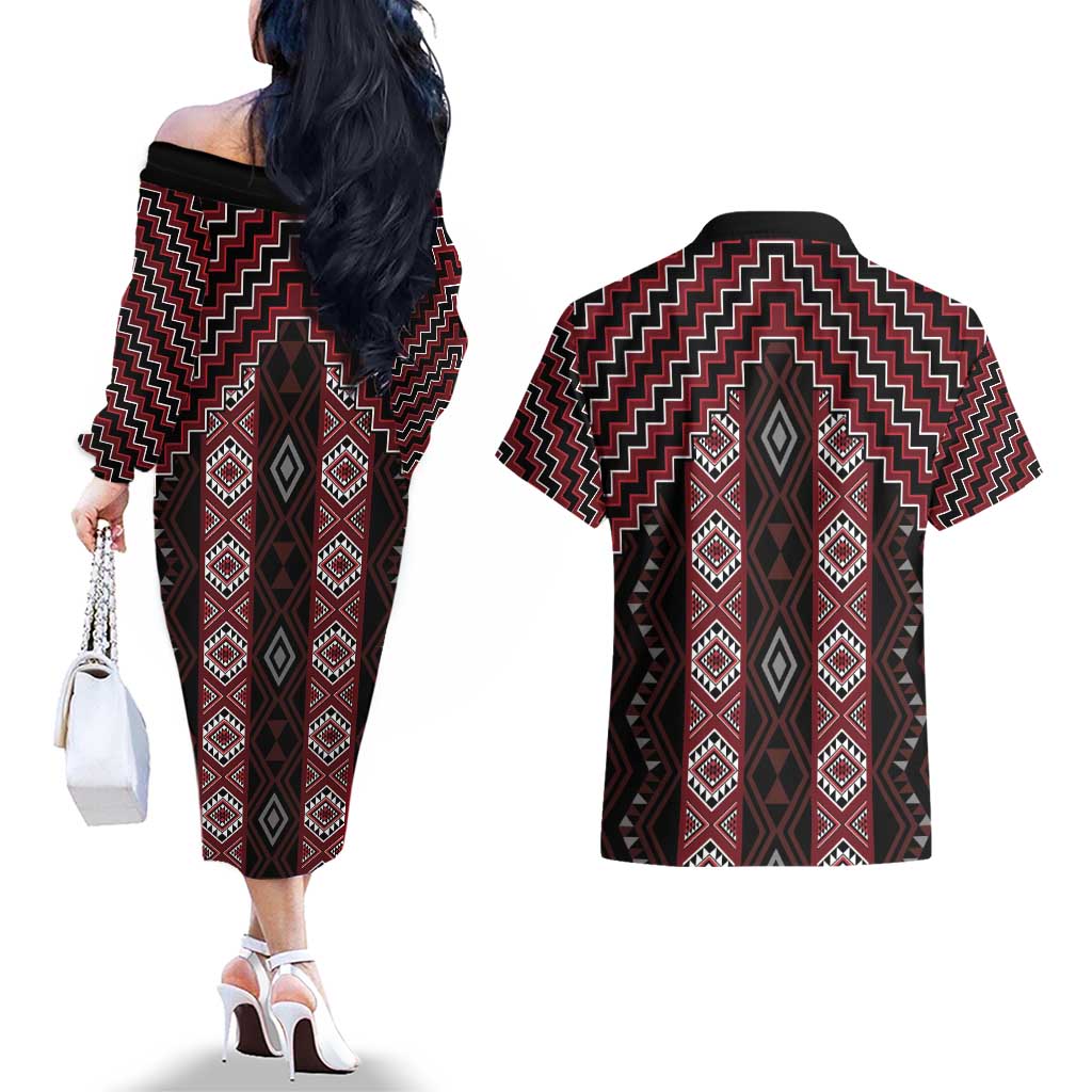 New Zealand Aotearoa Couples Matching Off The Shoulder Long Sleeve Dress and Hawaiian Shirt Red Poutama With Taniko Pattern LT05 - Polynesian Pride