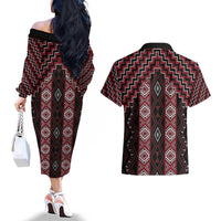New Zealand Aotearoa Couples Matching Off The Shoulder Long Sleeve Dress and Hawaiian Shirt Red Poutama With Taniko Pattern LT05 - Polynesian Pride
