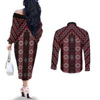 New Zealand Aotearoa Couples Matching Off The Shoulder Long Sleeve Dress and Long Sleeve Button Shirt Red Poutama With Taniko Pattern LT05 - Polynesian Pride