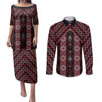 New Zealand Aotearoa Couples Matching Puletasi and Long Sleeve Button Shirt Red Poutama With Taniko Pattern LT05 Red - Polynesian Pride
