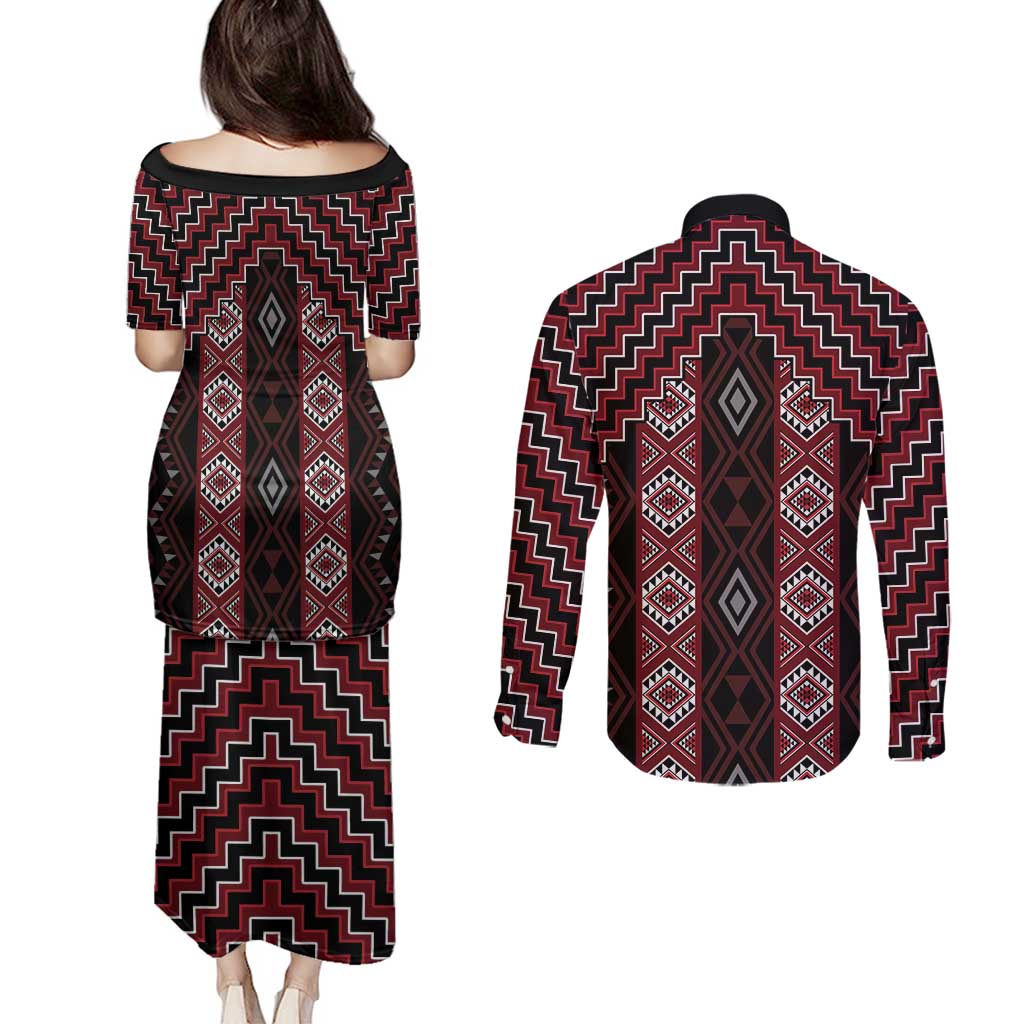 New Zealand Aotearoa Couples Matching Puletasi and Long Sleeve Button Shirt Red Poutama With Taniko Pattern LT05 - Polynesian Pride