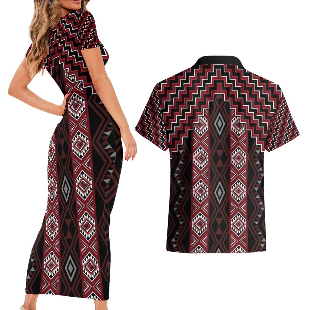 New Zealand Aotearoa Couples Matching Short Sleeve Bodycon Dress and Hawaiian Shirt Red Poutama With Taniko Pattern LT05 - Polynesian Pride