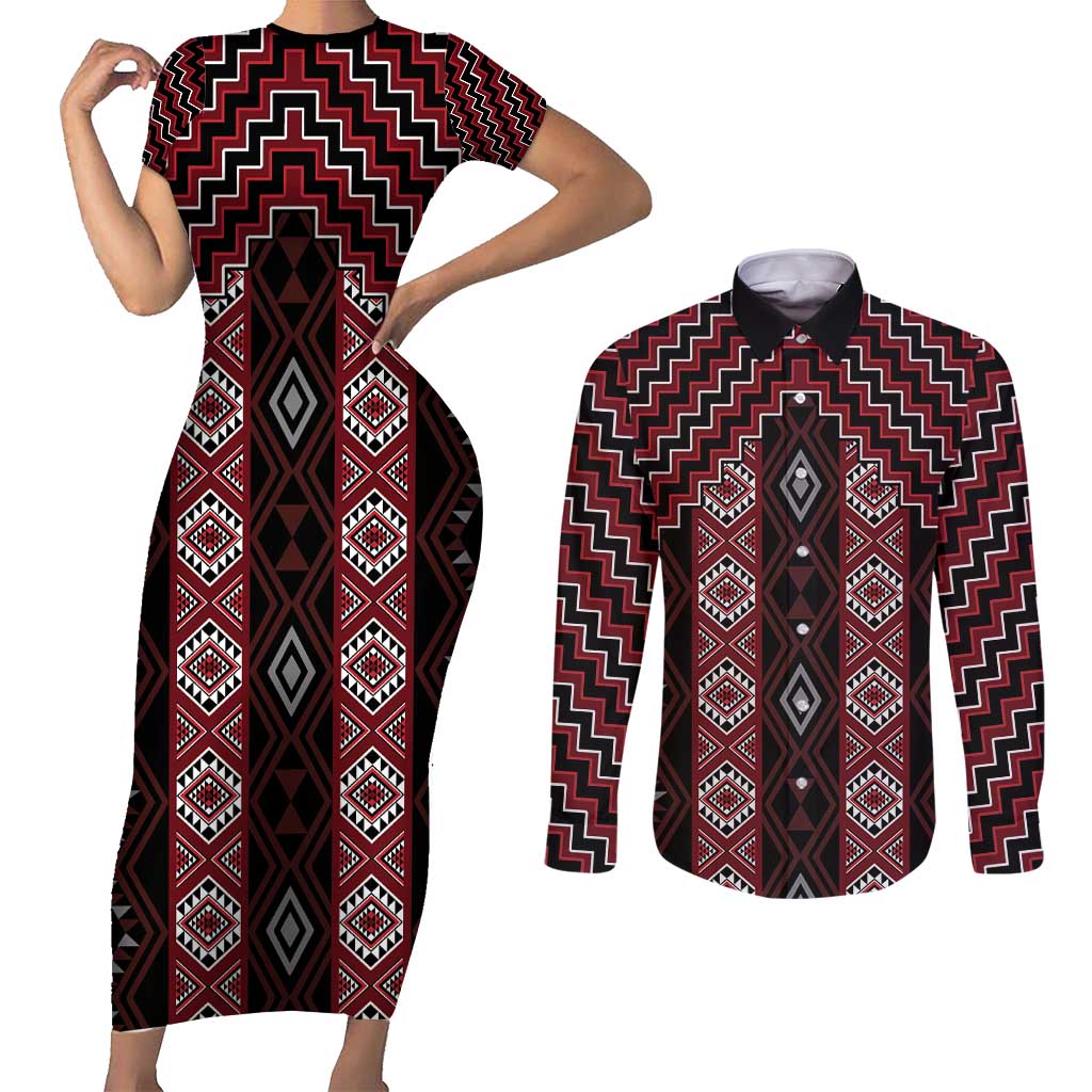 New Zealand Aotearoa Couples Matching Short Sleeve Bodycon Dress and Long Sleeve Button Shirt Red Poutama With Taniko Pattern LT05 Red - Polynesian Pride