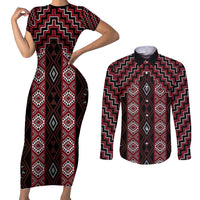 New Zealand Aotearoa Couples Matching Short Sleeve Bodycon Dress and Long Sleeve Button Shirt Red Poutama With Taniko Pattern LT05 Red - Polynesian Pride