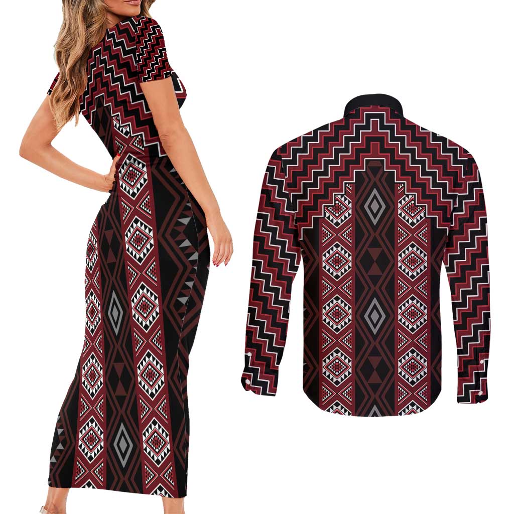New Zealand Aotearoa Couples Matching Short Sleeve Bodycon Dress and Long Sleeve Button Shirt Red Poutama With Taniko Pattern LT05 - Polynesian Pride