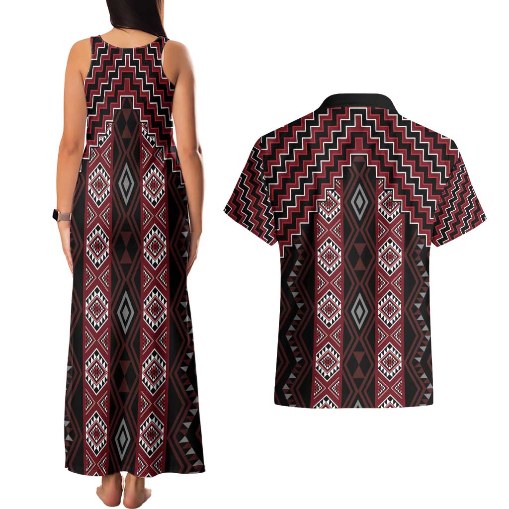 New Zealand Aotearoa Couples Matching Tank Maxi Dress and Hawaiian Shirt Red Poutama With Taniko Pattern LT05 - Polynesian Pride