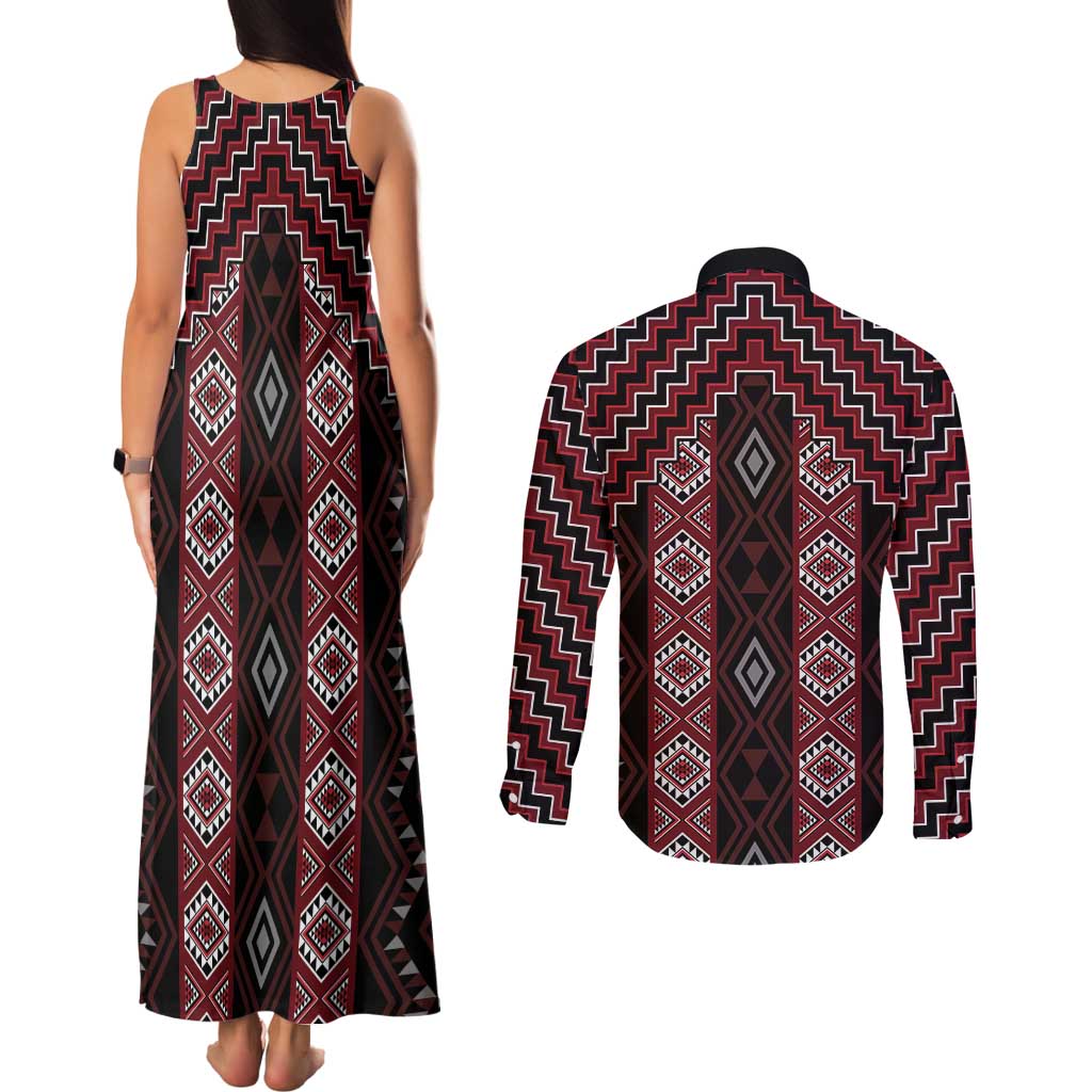 New Zealand Aotearoa Couples Matching Tank Maxi Dress and Long Sleeve Button Shirt Red Poutama With Taniko Pattern LT05 - Polynesian Pride