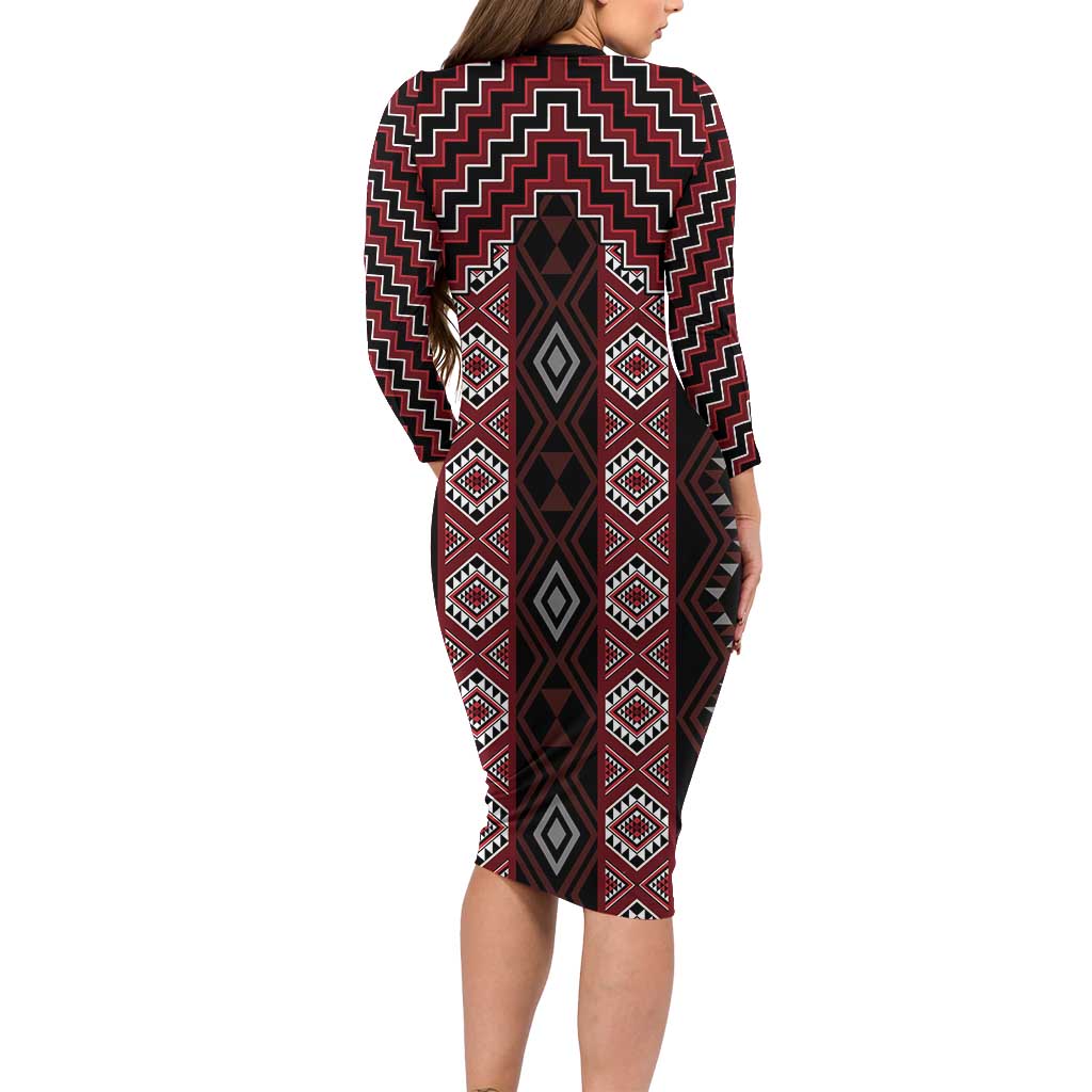 New Zealand Aotearoa Family Matching Long Sleeve Bodycon Dress and Hawaiian Shirt Red Poutama With Taniko Pattern LT05 - Polynesian Pride