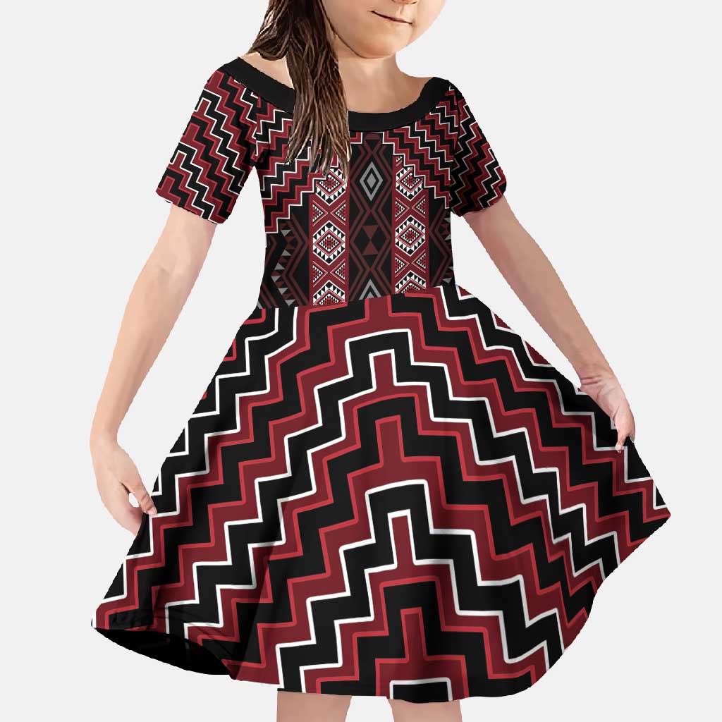 New Zealand Aotearoa Family Matching Mermaid Dress and Hawaiian Shirt Red Poutama With Taniko Pattern LT05 Daughter's Dress Red - Polynesian Pride
