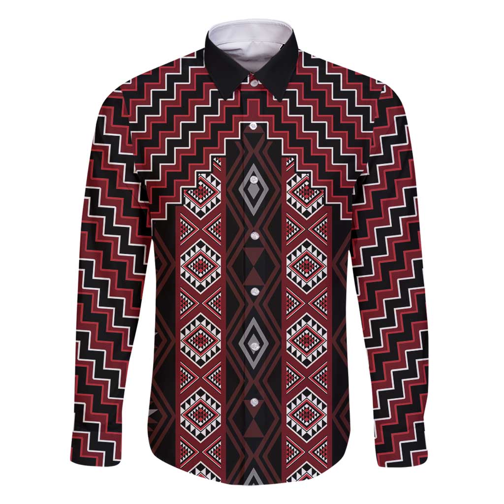 New Zealand Aotearoa Family Matching Mermaid Dress and Hawaiian Shirt Red Poutama With Taniko Pattern LT05 Dad's Shirt - Long Sleeve Red - Polynesian Pride