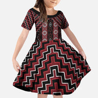 New Zealand Aotearoa Family Matching Off Shoulder Maxi Dress and Hawaiian Shirt Red Poutama With Taniko Pattern LT05 Daughter's Dress Red - Polynesian Pride