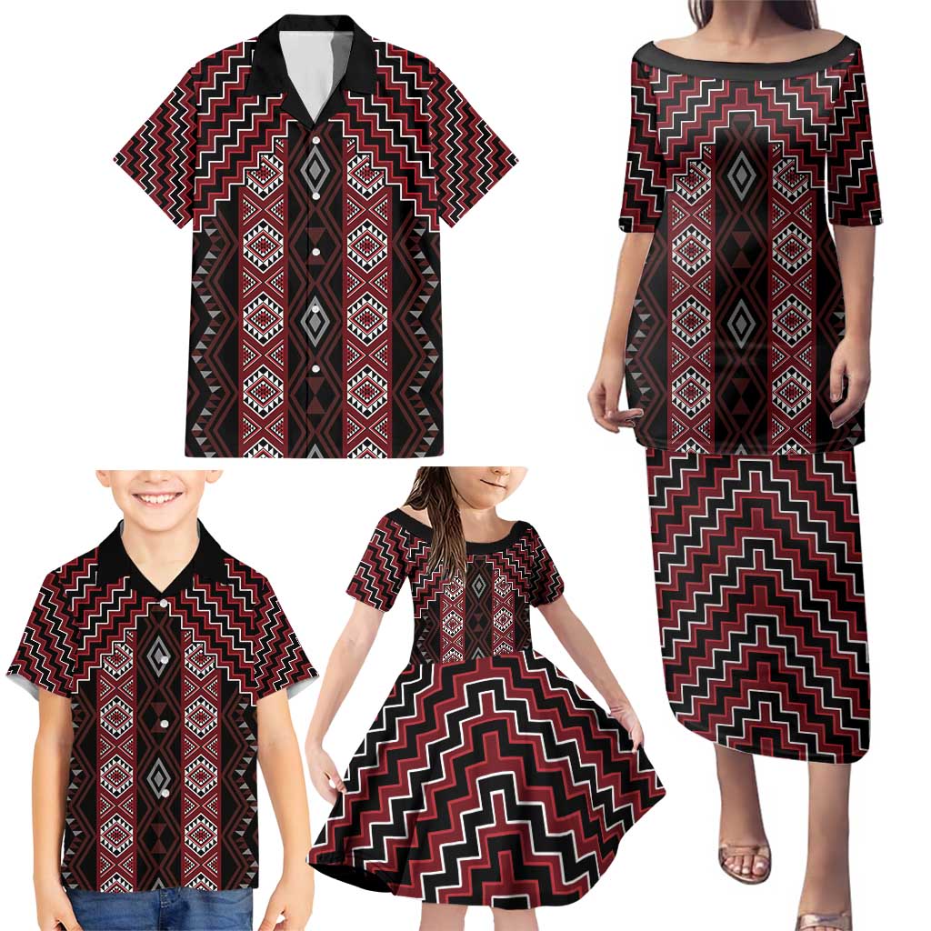 New Zealand Aotearoa Family Matching Puletasi and Hawaiian Shirt Red Poutama With Taniko Pattern LT05 - Polynesian Pride