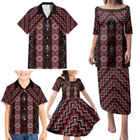 New Zealand Aotearoa Family Matching Puletasi and Hawaiian Shirt Red Poutama With Taniko Pattern LT05 - Polynesian Pride