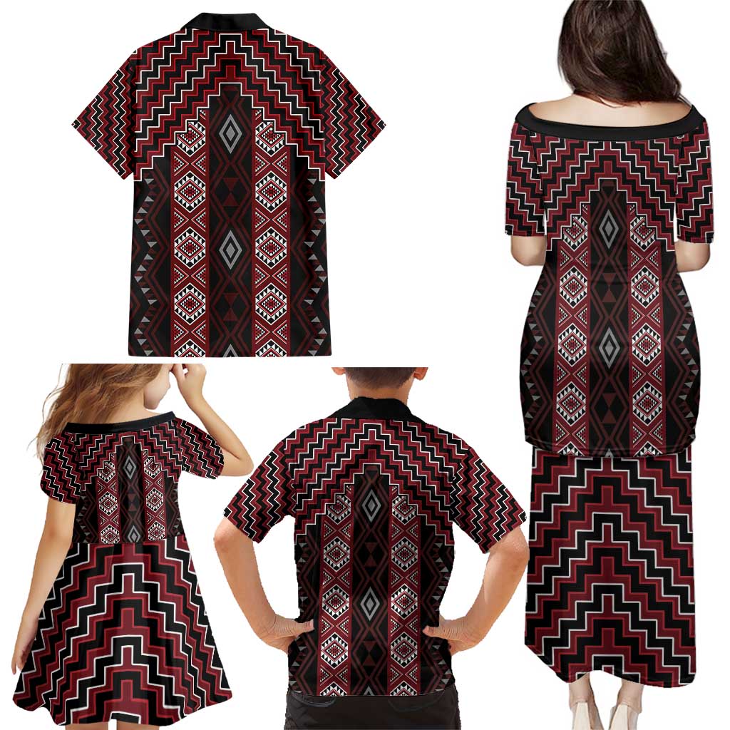 New Zealand Aotearoa Family Matching Puletasi and Hawaiian Shirt Red Poutama With Taniko Pattern LT05 - Polynesian Pride