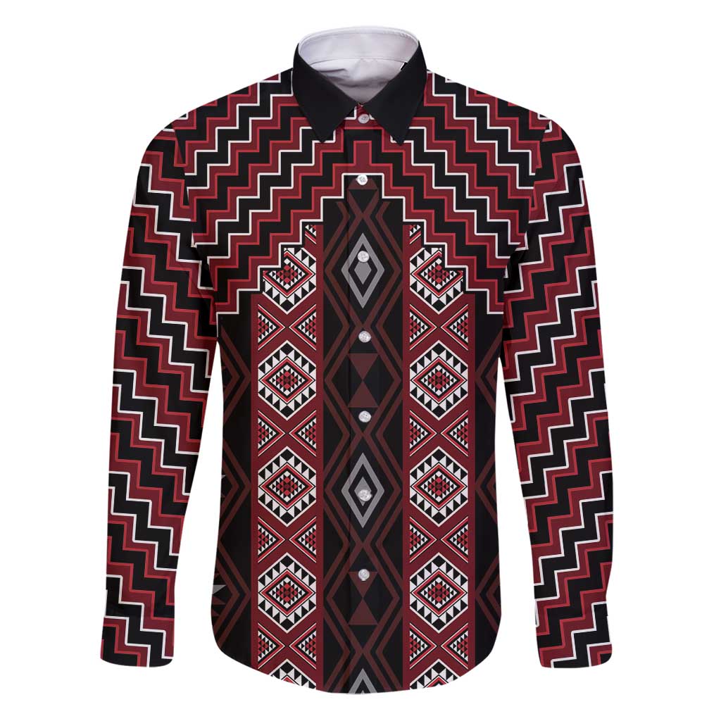 New Zealand Aotearoa Family Matching Puletasi and Hawaiian Shirt Red Poutama With Taniko Pattern LT05 Dad's Shirt - Long Sleeve Red - Polynesian Pride