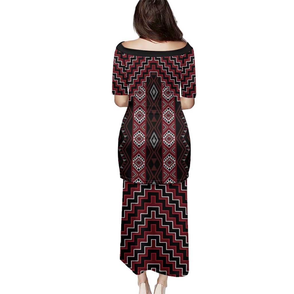 New Zealand Aotearoa Family Matching Puletasi and Hawaiian Shirt Red Poutama With Taniko Pattern LT05 - Polynesian Pride