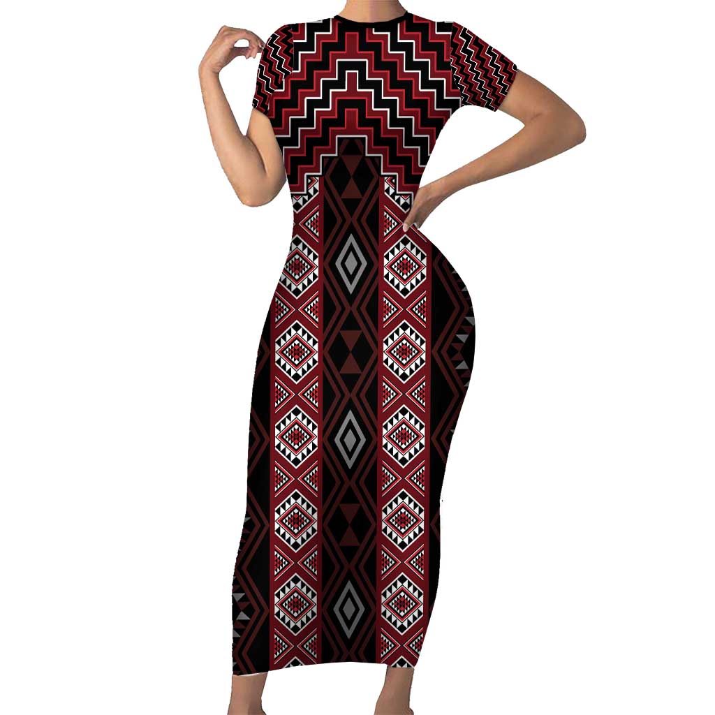 New Zealand Aotearoa Family Matching Short Sleeve Bodycon Dress and Hawaiian Shirt Red Poutama With Taniko Pattern LT05 Mom's Dress Red - Polynesian Pride