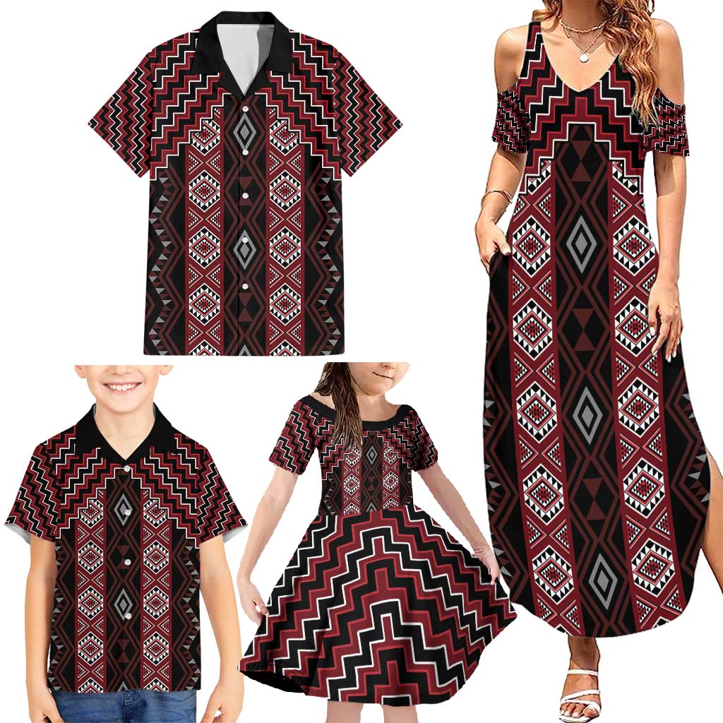 New Zealand Aotearoa Family Matching Summer Maxi Dress and Hawaiian Shirt Red Poutama With Taniko Pattern LT05 - Polynesian Pride