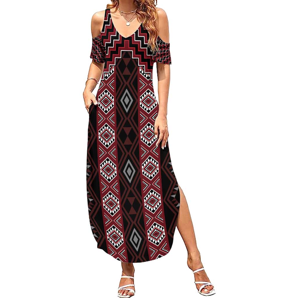 New Zealand Aotearoa Family Matching Summer Maxi Dress and Hawaiian Shirt Red Poutama With Taniko Pattern LT05 Mom's Dress Red - Polynesian Pride